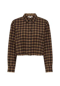 Camicia a maniche lunghe tagliata in un motivo check marrone e beige, con colletto a punta e bottoni sul davanti, realizzata in un tessuto morbido.