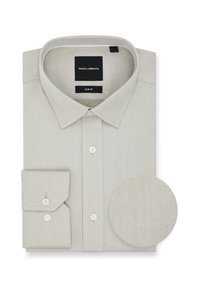 Jasnoszara męska koszula formalna o slim fit, klasycznym kołnierzu i długich rękawach. W komplecie znajduje się dopasowany, okrągły kawałek materiału o fakturowanym wzorze.