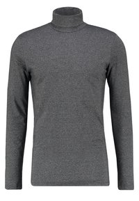 Grauer Langarmrollkragen aus strukturiertem Stoff. Verfügt über ein enganliegendes Design mit hohem Kragen und dehnbarem Material für zusätzlichen Komfort.
