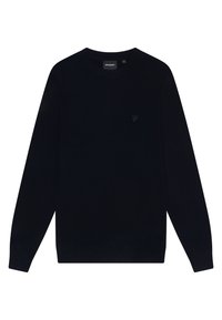 Suéter azul marino con cuello redondo y mangas largas. Cuenta con un pequeño logo bordado tonal en el pecho. Textura suave.