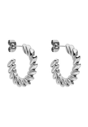 Pair of silver twisted hoop earrings with post backings, featuring a smooth, spiral-like textured design.