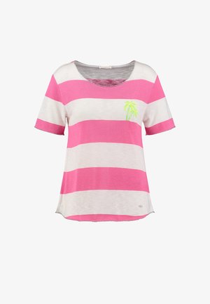 T-shirt en maille à manches courtes pour femmes avec de larges rayures horizontales roses et blanches et une petite broderie de palmier vert néon sur la poitrine.