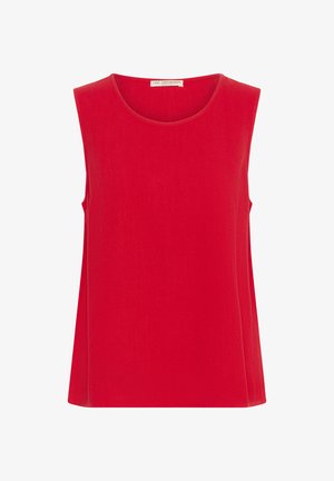 Czerwony top bez rękawów wykonany z gładkiego materiału, z okrągłym dekoltem i luźnym krojem, charakteryzujący się prostymi liniami i brakiem widocznych zapięć czy zdobień.