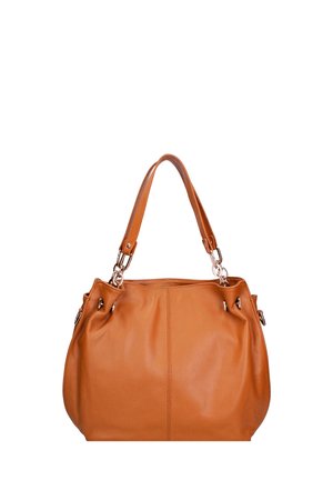 Handtas van tan leer met een afgeronde vorm, dubbele schouderband en metalen accenten. Heeft plooidetails aan de zijkanten.