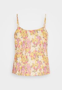 Top in cotone floreale con spalline sottili, caratterizzato da uno sfondo giallo, fiori bianchi, rosa e viola, e un design fluido.