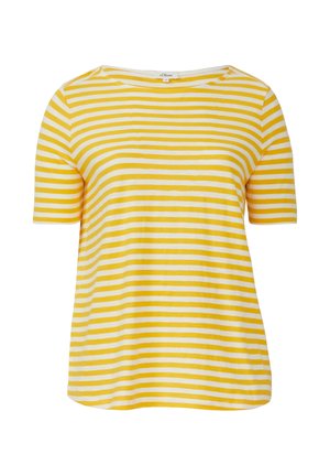 Gelb-weiße gestreifte T-Shirt, kurze Ärmel, runder Ausschnitt, aus weichem Stoff, mit lockerer Passform und glatter Textur.