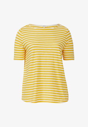 Geel en wit gestreepte t-shirt, korte mouwen, ronde hals, gemaakt van zachte stof, met een losse pasvorm en een gladde textuur.