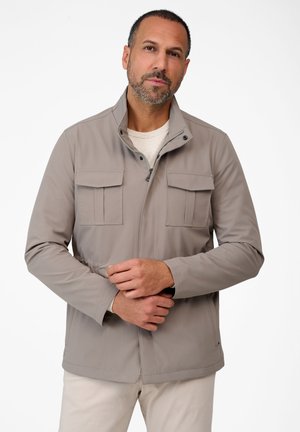 Light gray jacket with a stand-up collar, two chest pockets, and visible stitching details. Soft material with a smooth texture.