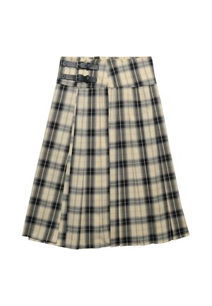Knee-length pleated skirt in cream with black plaid pattern. Features dual black buckles at the waist and a smooth, structured fabric.