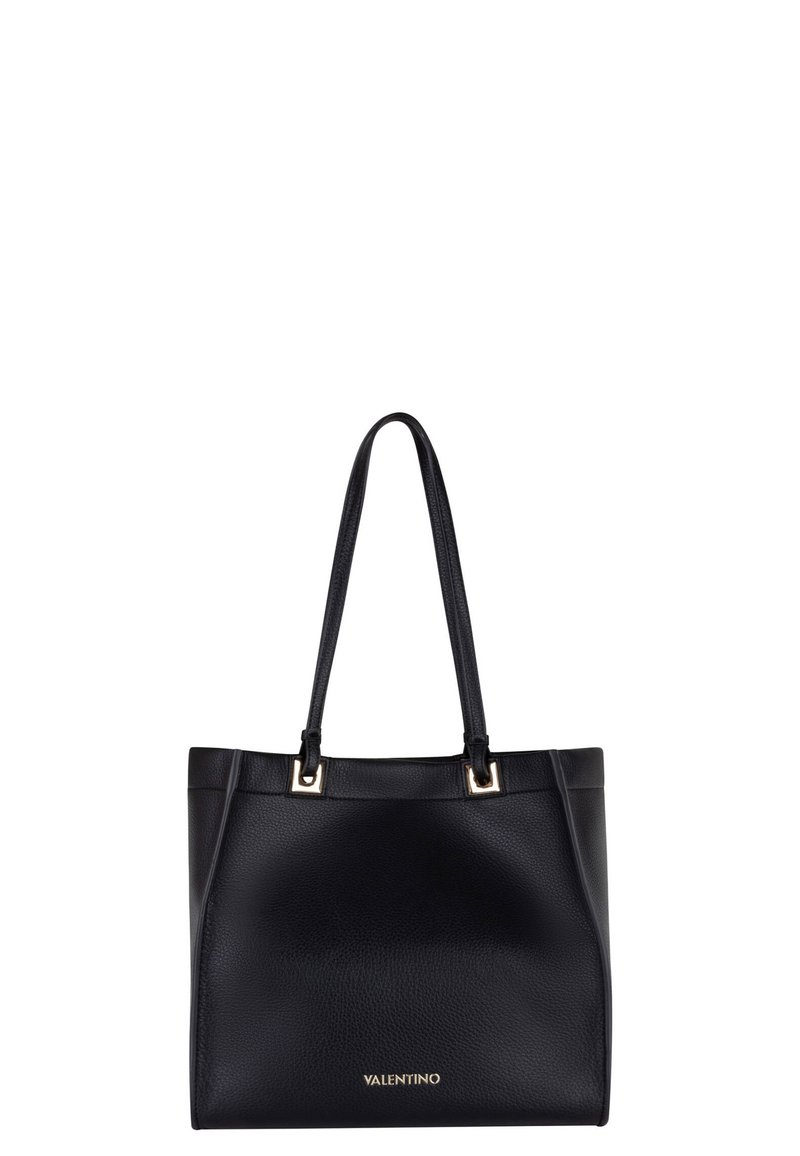 Schwarze Leder-Tote-Tasche mit strukturiertem Design, ausgestattet mit zwei Schulterriemen, goldenen Hardware-Akzenten und einer subtilen Textur auf der Oberfläche.