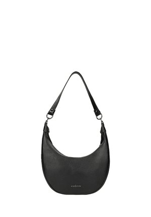 Zwart textuurleer handtas in halvemaanvorm met een enkele verstelbare schouderband en een klein zilveren logo vlakbij de onderkant.