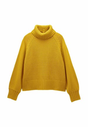 Senfgelbes Strick-Turtleneck-Pullover mit strukturiertem Vorderteil, langen Ärmeln sowie gerippten Bündchen und Saum, vor einem weißen Hintergrund.