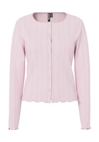 Ανοιχτό ροζ μακρυμάνικη ζακέτα με στρογγυλή λαιμόκοψη, κάθετες υφασμάτινες ραβδώσεις, κλείσιμο με κουμπιά μπροστά και βολάν στο τελείωμα και στις μανσέτες.