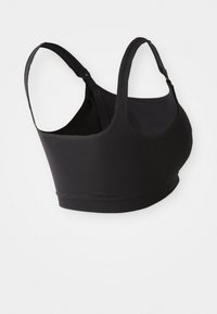 Schwarzer Sport-BH mit breiten Trägern und einem glatten, dehnbaren Stoff. Hat ein nahtloses Design und keine sichtbaren Beschläge.