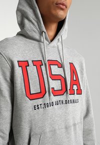 Sudadera gris con capucha que presenta un audaz texto en rojo "USA" y "EST. 1990 AUTH. ORIGINALS" en negro. Tejido suave con un bolsillo frontal y cordones.