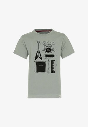 Hellgraues Baumwoll-T-Shirt mit schwarzen gedruckten Grafiken von Musikinstrumenten: Gitarre, Schlagzeug, Verstärker, Keyboard und Mikrofon.