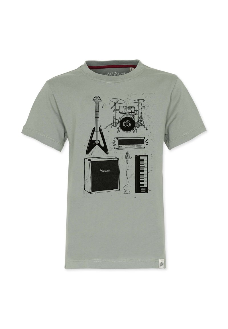 Lysegrå bomulds t-shirt med sorte trykte grafikker af musikinstrumenter: guitar, trommer, forstærker, keyboard og mikrofon.