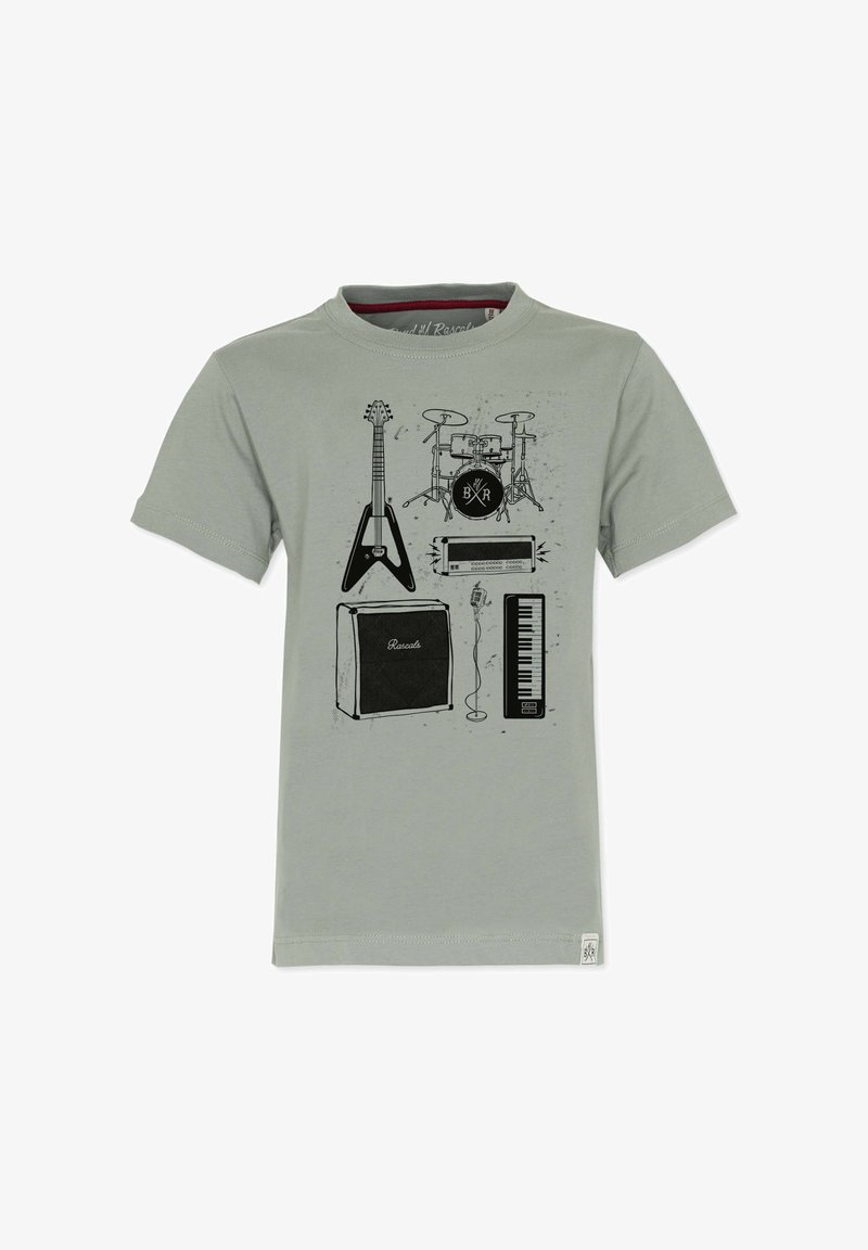 Lysegrå bomulds t-shirt med sorte trykte grafikker af musikinstrumenter: guitar, trommer, forstærker, keyboard og mikrofon.