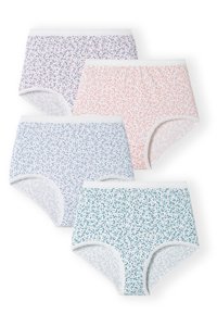 Vier paar katoenen slipjes met bloemmotieven in lichtpaars, roze, blauw en groen, met witte elastische taillebanden.