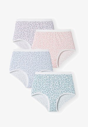 Cuatro pares de bragas de algodón, con estampados florales, en color púrpura claro, rosa, azul y verde, con cinturillas elásticas blancas.