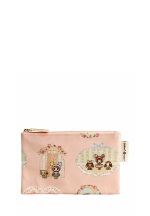 Rózsaszín téglalap alakú neszesszer cipzárral, aranyos rajzfilmszereplőkkel és apró állatokkal, amelyeket virágminták kereteznek.