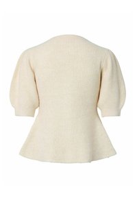 Svetrozlatý sveter s rebrovanou textúrou, krátkymi nafúknutými rukávmi a pásom s volánmi, vyrobený z hladkej a jemnej látky.