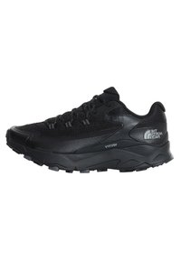 Black athletic shoe featuring a breathable mesh upper, rubber sole, textured accents, and reinforced toe cap for durability.