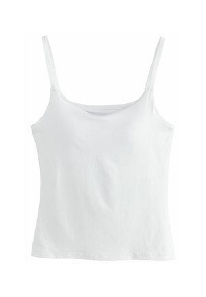 White cotton camisole top with thin adjustable straps and a rounded neckline. Features a smooth texture and straight hem without embellishments.