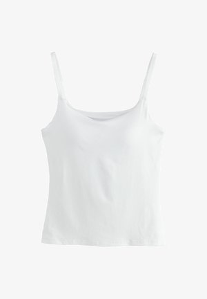 Weiße Baumwoll-Camisole mit dünnen, verstellbaren Trägern und einem runden Ausschnitt. Sie zeichnet sich durch eine glatte Textur und einen geraden Saum ohne Verzierungen aus.