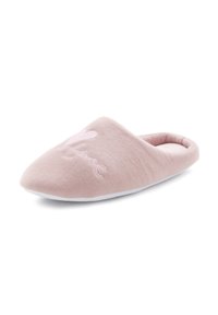 Roze microvezel slippers met geborduurde tekst "Thuis", gesloten achterkant, zachte textuur, ronde neus en witte rubberen zool.