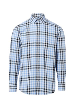 Long-sleeve button-up shirt with blue, white, black, and gray checkered pattern and pointed collar.