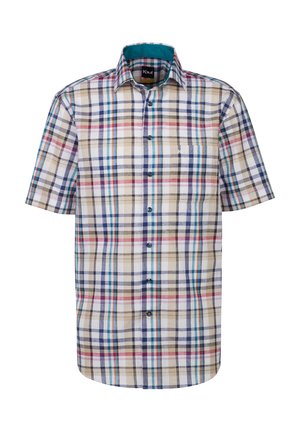 Kurzärmliges kariertes Hemd in Beige-, Blau- und Rottönen. Mit einem Button-Down-Kragen und einer Brusttasche. Hergestellt aus leichtem Material.