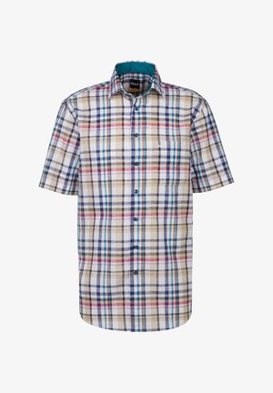 Camicia a maniche corte in plaid nei toni beige, blu e rosso. Presenta un colletto con bottoni e una tasca sul petto. Realizzata in tessuto leggero.