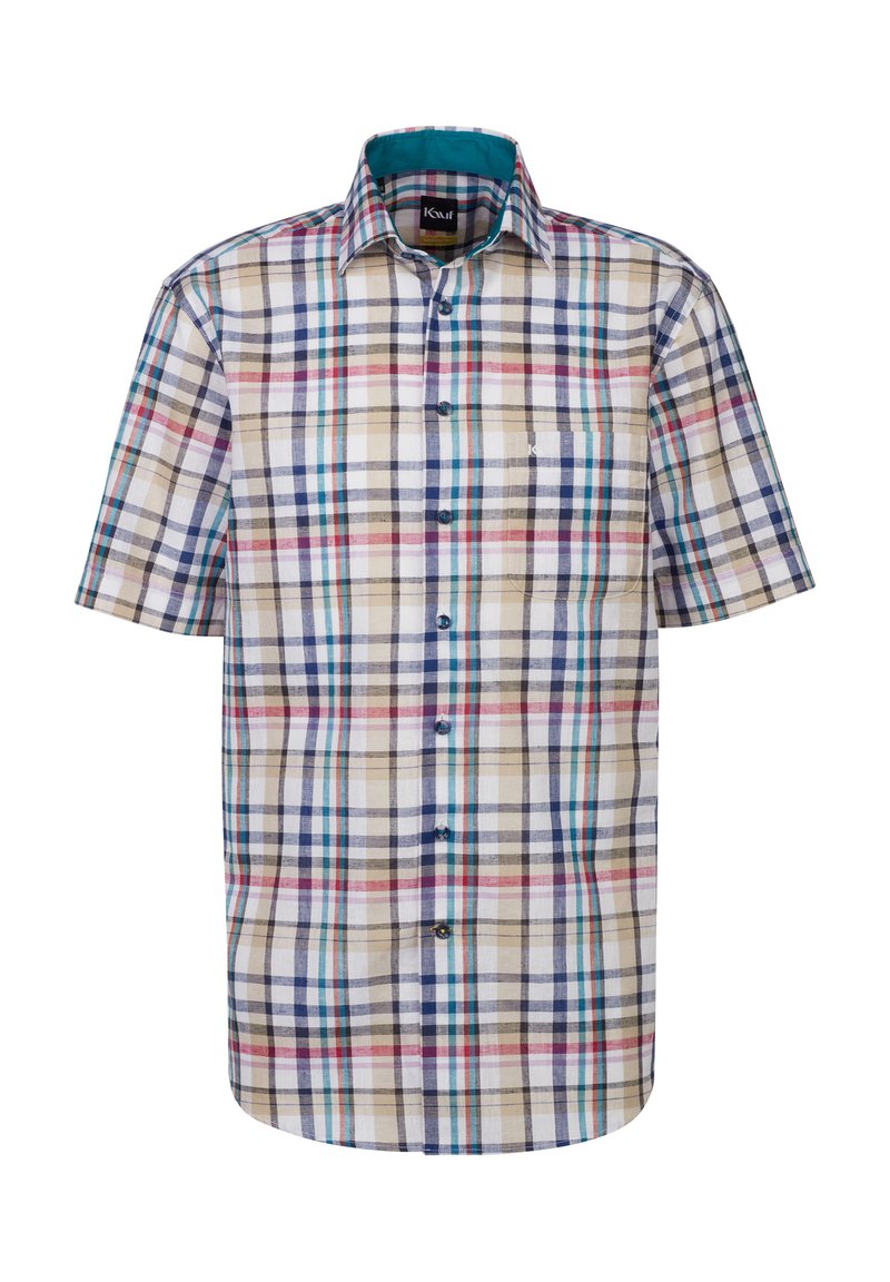 Camicia a maniche corte in plaid nei toni beige, blu e rosso. Presenta un colletto con bottoni e una tasca sul petto. Realizzata in tessuto leggero.