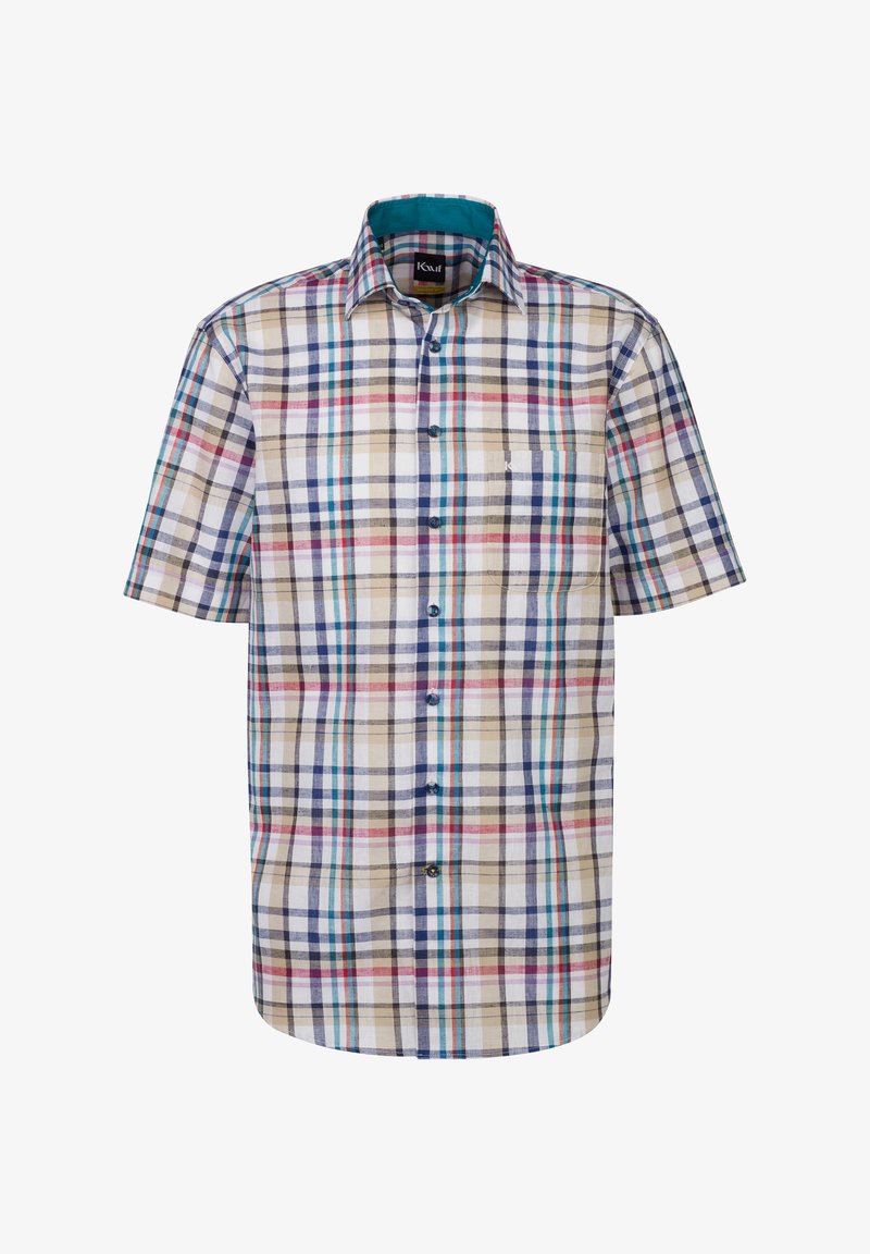 Camicia a maniche corte in plaid nei toni beige, blu e rosso. Presenta un colletto con bottoni e una tasca sul petto. Realizzata in tessuto leggero.