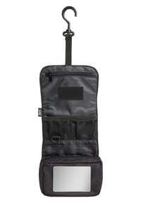 Black hanging toiletry bag with a hook, zippered pocket, mesh compartments, and a reflective mirror. Made of durable fabric, compact design.