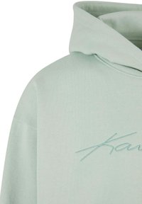 Mintgrønn hettegenser med en myk tekstur og en brodert logo i en lysere grønn nyanse på brystet.