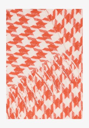 Oranje en witte stof met een zigzagpatroon en franjen aan de randen. Zachte textuur met een geweven ontwerp.