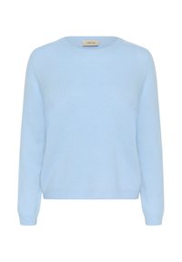  világoskék kereknyakú pulóver hosszú ujjakkal, bordázott mandzsetta és alj, a nyak helyén a "CREAM" feliratú címke.