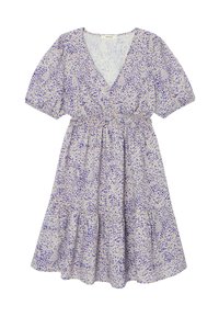 Robe à manches courtes avec un décolleté en V, taille élastique et ourlet à volants. Conçue en tissu léger avec un motif tacheté violet et beige.