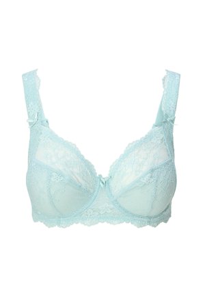 Spitzen-BH in Hellblau mit Blumenmuster, Mesh-Einsätzen, Unterstützung durch Bügel, verstellbaren Trägern und einem Ripsbanddetail in der Mitte.