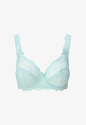 Lichte blauwe kanten beha met bloemmotieven, meshpanelen, onderbroken ondersteuning, verstelbare bandjes en een lintdetail in het midden.