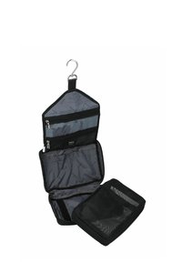 Organizador de viaje negro colgado con un gancho, múltiples bolsillos con cremallera, compartimentos de malla y un interior suave forrado. Color principal: gris.