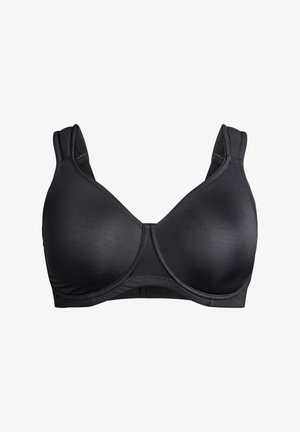 Zwarte bh met gladde, gevormde cups, brede bandjes en een naadloos ontwerp. Gemaakt van zachte stof met een subtiele textuur.