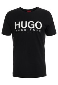 Zwart katoenen T-shirt met gedurfde witte tekst "HUGO BOSS" op de borst. Klassiek ontwerp met ronde hals en korte mouwen. Soepele textuur.