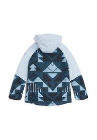 Veste bleue et à motifs sombres avec capuche, présentant des motifs géométriques et des manches bleu clair contrastantes. Le tissu a une apparence texturée.