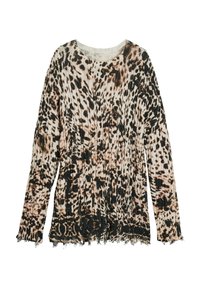 Lepardsmönstrad tröja med en strukturerad stickad design. Mjuk tyg i beige, bruna och svarta nyanser. Har rundad halsringning och fransad nederkant.
