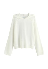 Pull-over en maille blanche avec capuche, doté d'une coupe décontractée, d'un ourlet et de poignets côtelés, et de manches raglan sans couture pour une texture lisse.