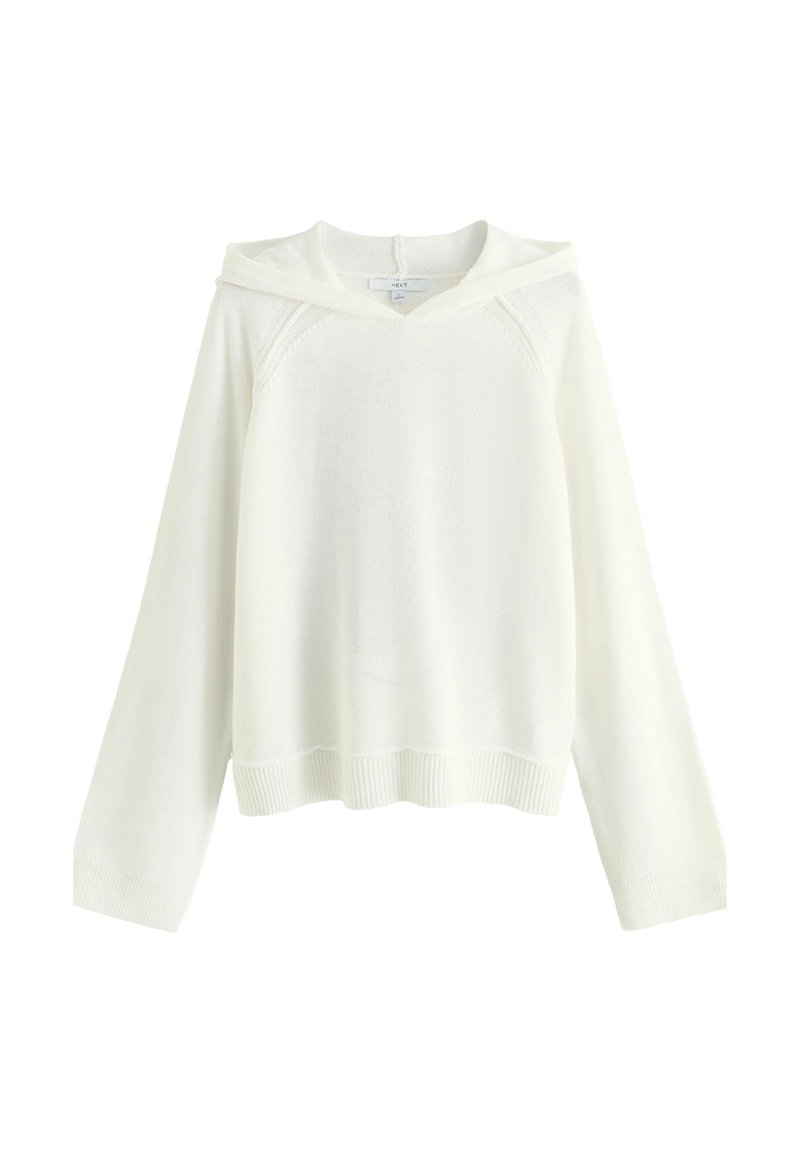 Pull-over en maille blanche avec capuche, doté d'une coupe décontractée, d'un ourlet et de poignets côtelés, et de manches raglan sans couture pour une texture lisse.