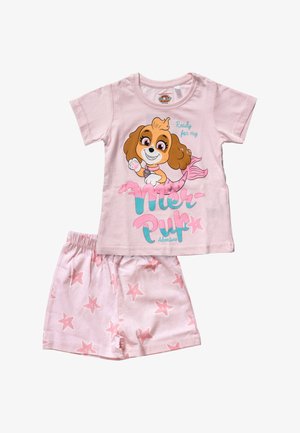 Rosa Kinder-Pyjama-Set mit einem Grafikbild eines Meerjungfrauen-Welpen und dem Text "Bereit für mein Mer-pup Abenteuer", Seesternmuster auf der Shorts.